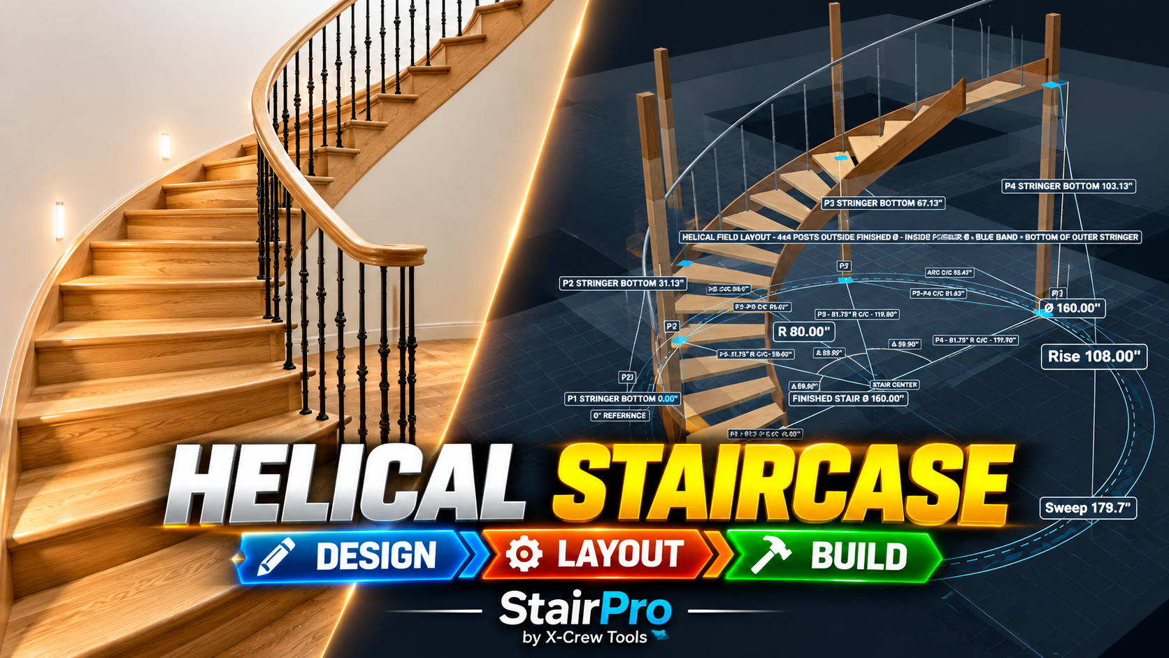 Finished wood helical staircase beside StairPro helical field layout