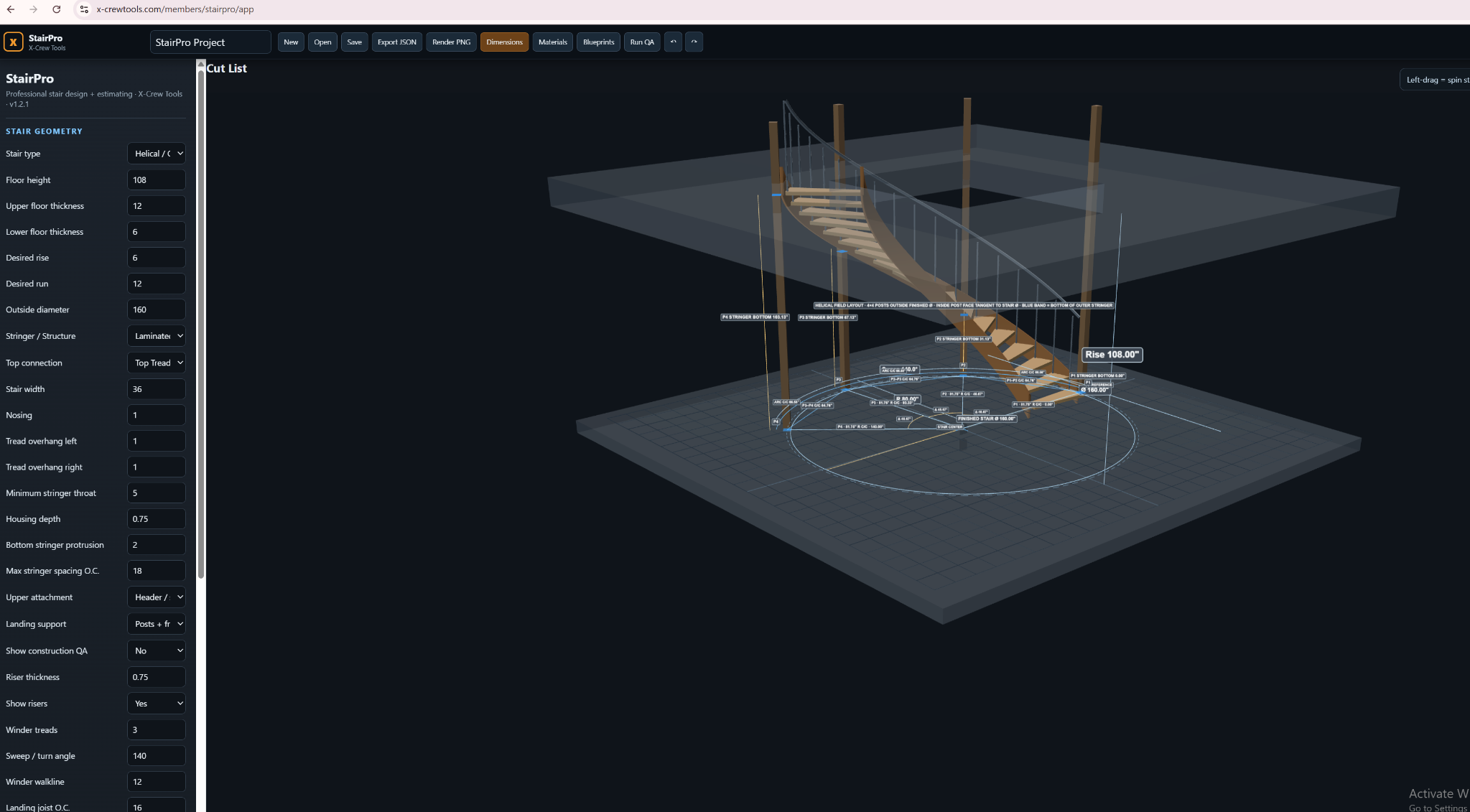 StairPro helical staircase editor showing build-post layout and dimensions